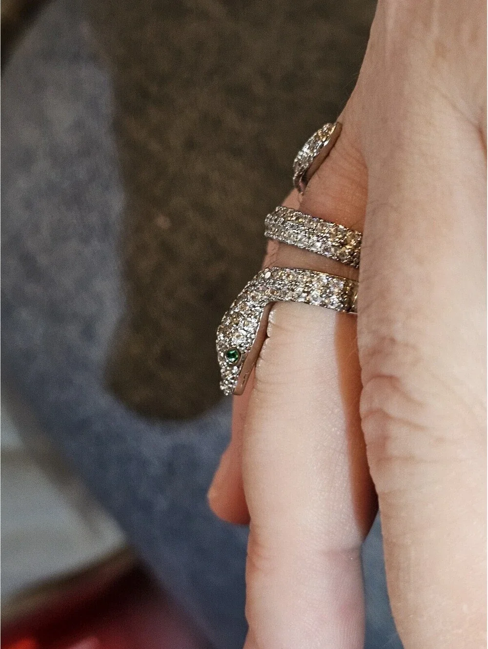 Adjustable Snake Ring Rhodium Plated Pave CZ Green Eyes Serpent Wrap Design